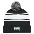 Two-Tone Knit Pom Beanie With Cuff and Patch