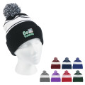 Two-Tone Knit Pom Beanie With Cuff and Patch