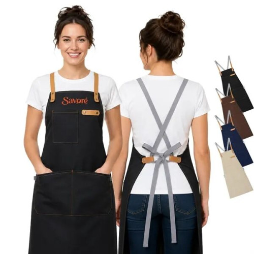 14 oz Thick Canvas Kitchen Apron w/ Cross Straps & 3 Pockets