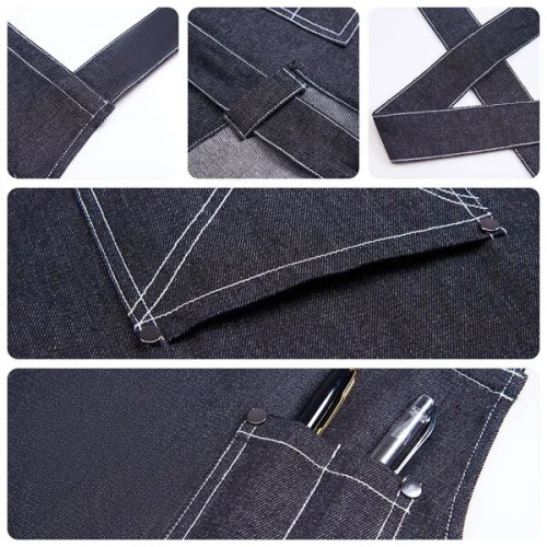 Cotton Denim Kitchen Aprons w/ Cross Strap & 3 pockets