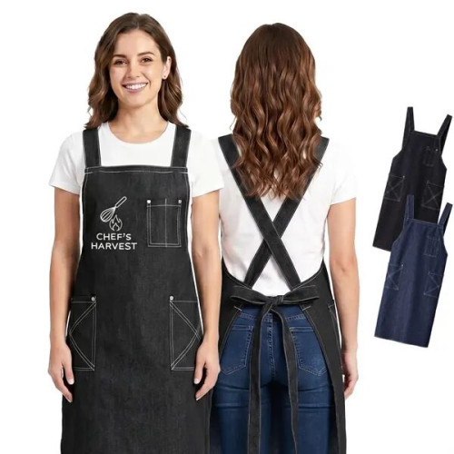 Cotton Denim Kitchen Aprons w/ Cross Strap & 3 pockets