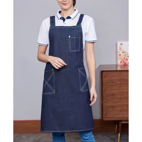 Cotton Denim Kitchen Aprons w/ Cross Strap & 3 pockets
