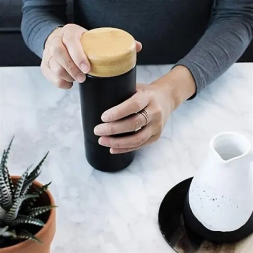 Imari 10 OZ Double Wall Ceramic Mug With Bamboo Lid