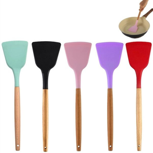 Silicone Cooking Or Serving Utensil With Wooden Handle