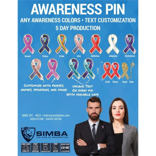 Awareness Ribbon Lapel Pin - Any Color - Fully Customizable