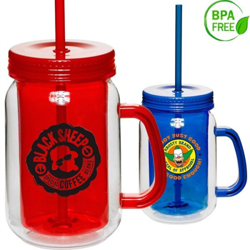 17 oz. BPA free Double Wall Mason Jar w/ Handle, Lid & straw