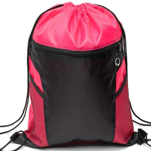 Front Zipper Drawstring Backpack w/ Side Mesh Pocket 14"x18"