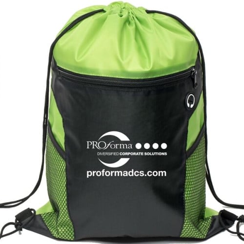 Front Zipper Drawstring Backpack w/ Side Mesh Pocket 14"x18"