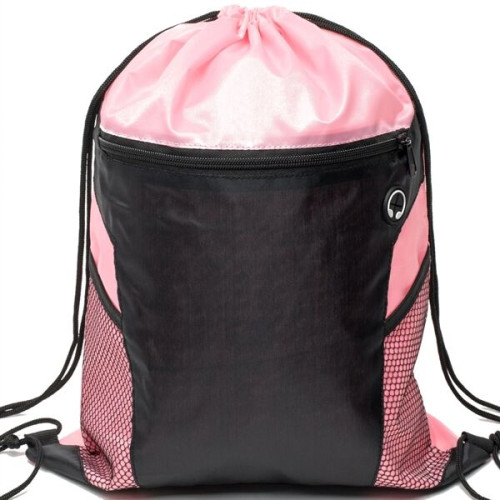 Front Zipper Drawstring Backpack w/ Side Mesh Pocket 14"x18"