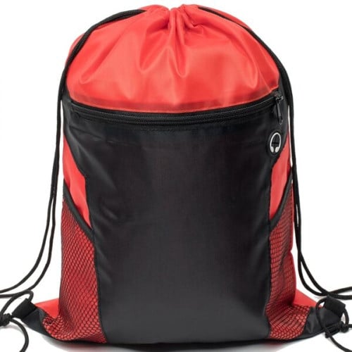 Front Zipper Drawstring Backpack w/ Side Mesh Pocket 14"x18"