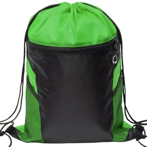Front Zipper Drawstring Backpack w/ Side Mesh Pocket 14"x18"