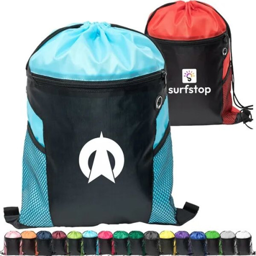 Front Zipper Drawstring Backpack w/ Side Mesh Pocket 14"x18"