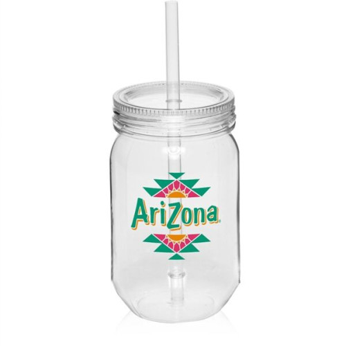 24 oz. Single Wall Plastic Mason Jars With Straw
