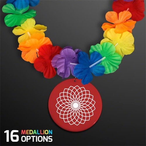 Rainbow Flowers Lei Necklaces with Medallion (Non-Light Up)