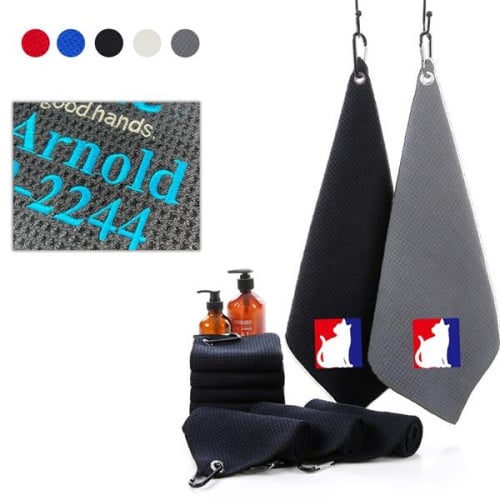 Waffle Golf Towel With Carabiner Embroidery MOQ 50