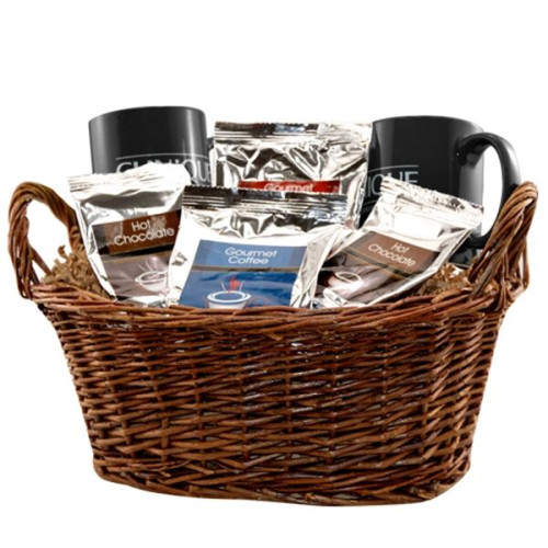 Gift basket with coffee, tea and mugs