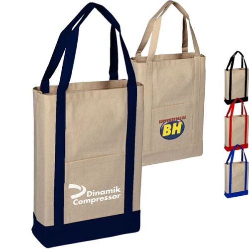 100% Cotton Heavy Canvas Two Tone Tote Bag W/ Pocket