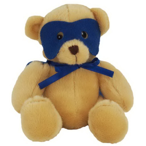 6" Super Hero Bear with Blue Mask, Cape & one color imprint