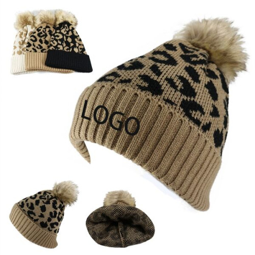 Leopard Pom Beanie with Cuff MOQ 50PCS
