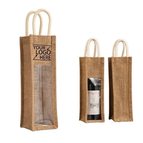 Jute Transparent Single-Bottle Wine Tote Bag