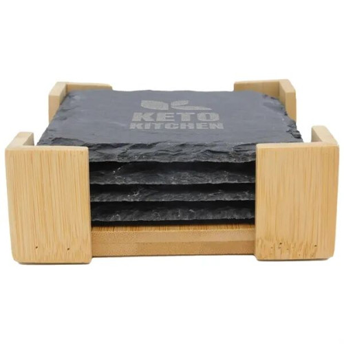 Square Slate Coaster In Bamboo Stand - 4 Pc.