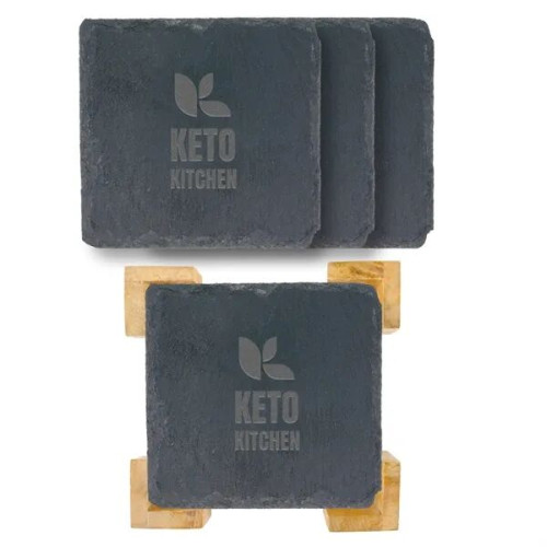 Square Slate Coaster In Bamboo Stand - 4 Pc.