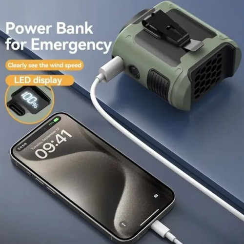 BreezeMax 3-in-1: Waist-Mounted Fan, Flashlight & Power Bank