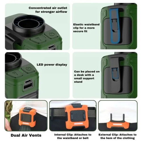 BreezeMax 3-in-1: Waist-Mounted Fan, Flashlight & Power Bank