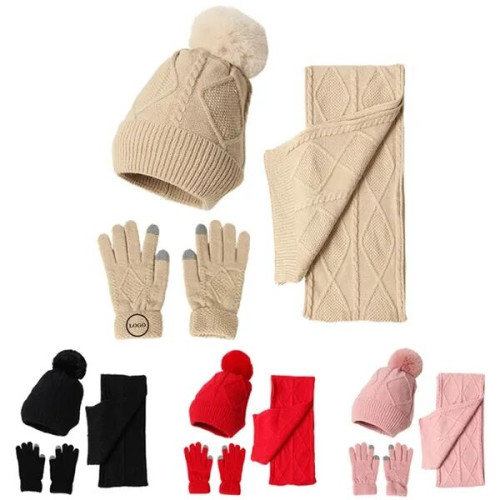 Winter Knit Scarf Set With Hat And Touchscreen Gloves