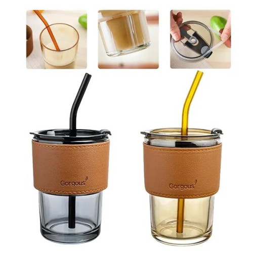15oz Glass Coffee Mug with Straw
