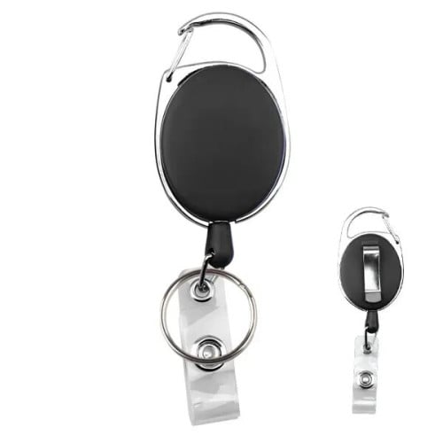 Oval retractable carabiner badge holder w/ key ring and clip