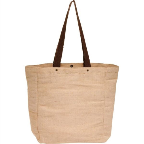 Natural Jute Bag w/ Snap Button & Brown Handles