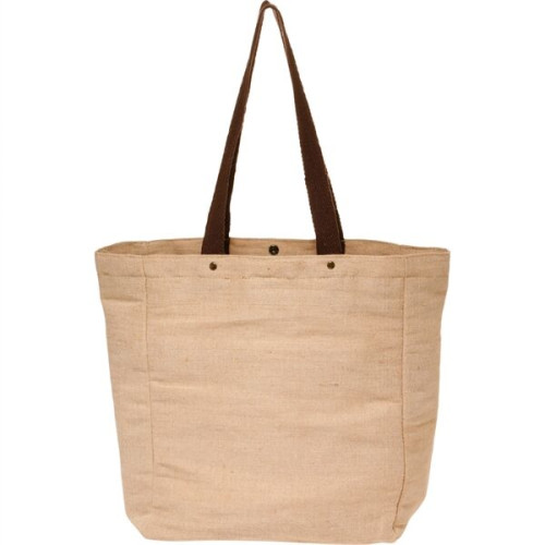 Natural Jute Bag w/ Snap Button & Brown Handles