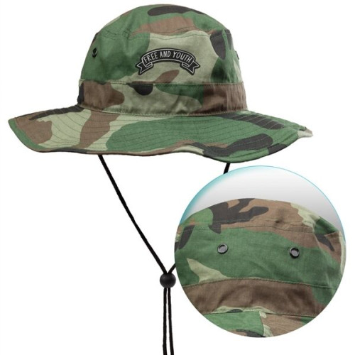 Foldable Cotton Bucket Hat with Camouflage and Draw Cord