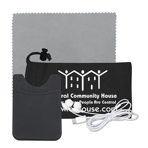 Mobile Tech Earbud Kit with Microfiber Cloth in Cinch Pouch