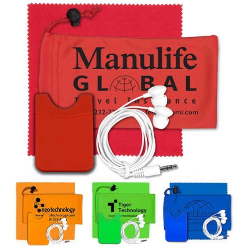 Mobile Tech Earbud Kit with Microfiber Cloth in Cinch Pouch