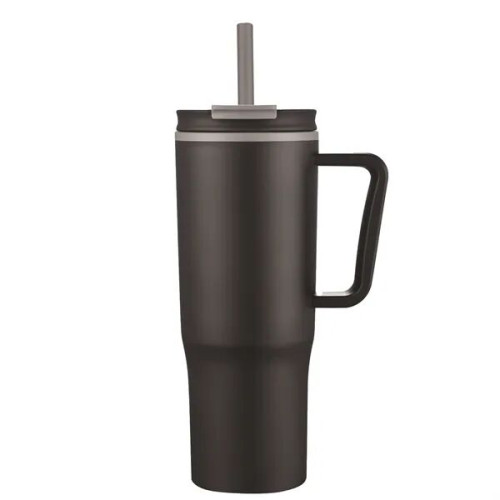 30oz Double Wall Plastic Travel Mug with Handle & Straw