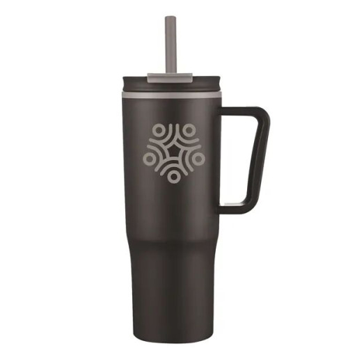 30oz Double Wall Plastic Travel Mug with Handle & Straw