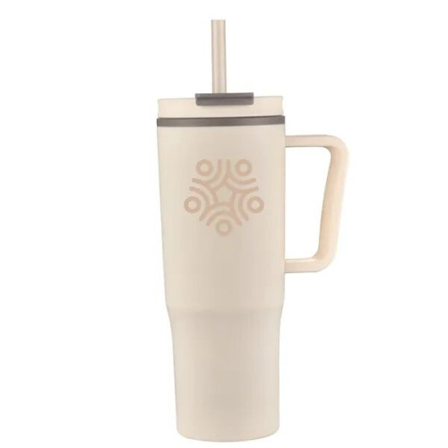 30oz Double Wall Plastic Travel Mug with Handle & Straw
