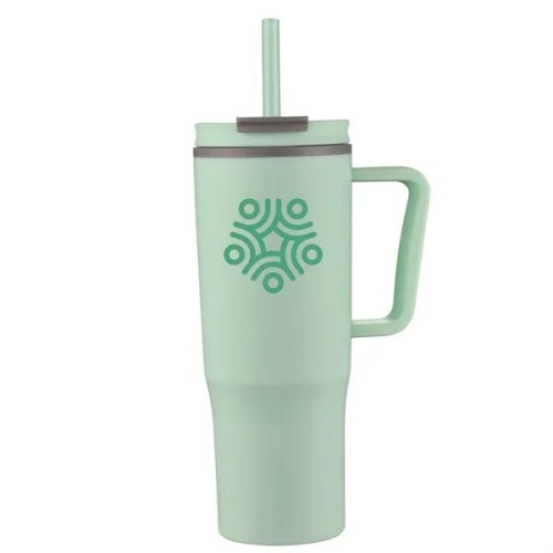 30oz Double Wall Plastic Travel Mug with Handle & Straw