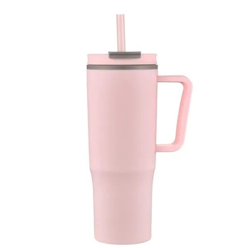 30oz Double Wall Plastic Travel Mug with Handle & Straw
