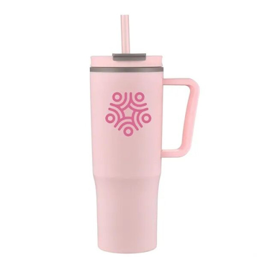 30oz Double Wall Plastic Travel Mug with Handle & Straw