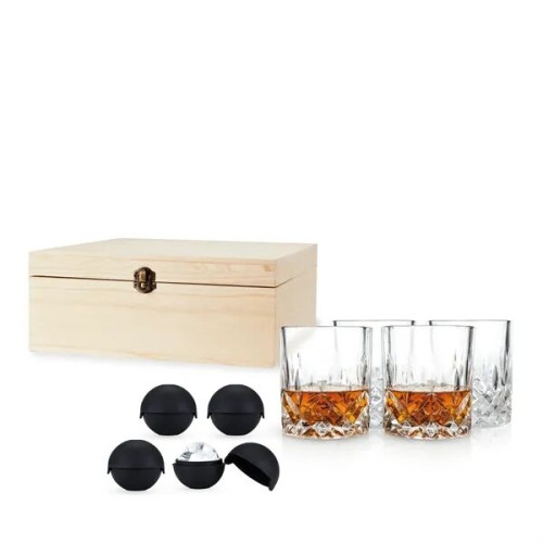 Crystal Liquor Glass And Ice Sphere Wood Box Set