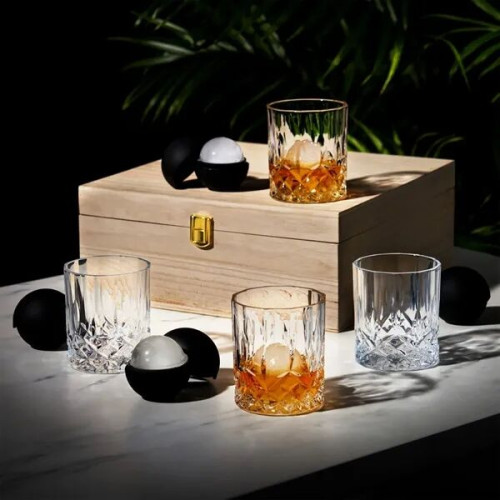 Crystal Liquor Glass And Ice Sphere Wood Box Set