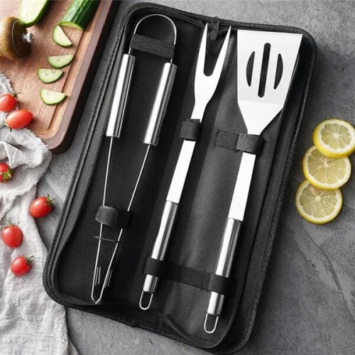 3 Piece Stainless Steel BBQ Tool Set in Zipper Pouch