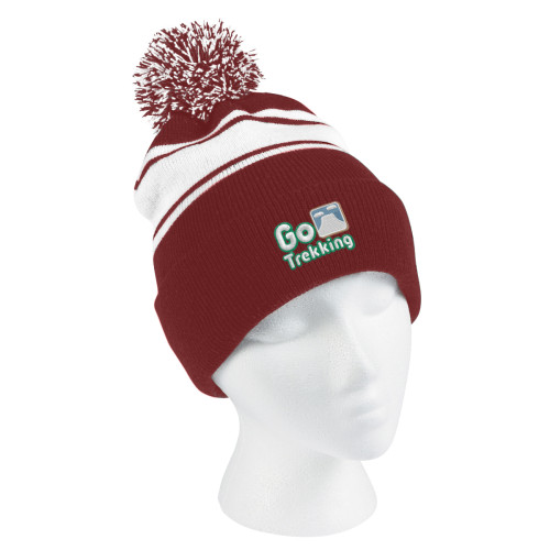 Two-Tone Knit Pom Beanie With Cuff and Patch