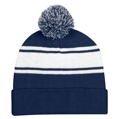 Two-Tone Knit Pom Beanie With Cuff and Patch