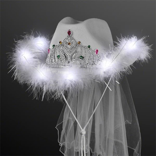 White Light Up Cowgirl Hat with Veil