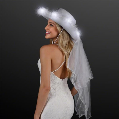 White Light Up Cowgirl Hat with Veil